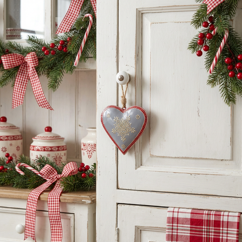 Anhänger Herz Grau Rot aus Metall mit kleinen Ornamenten 15 cm
