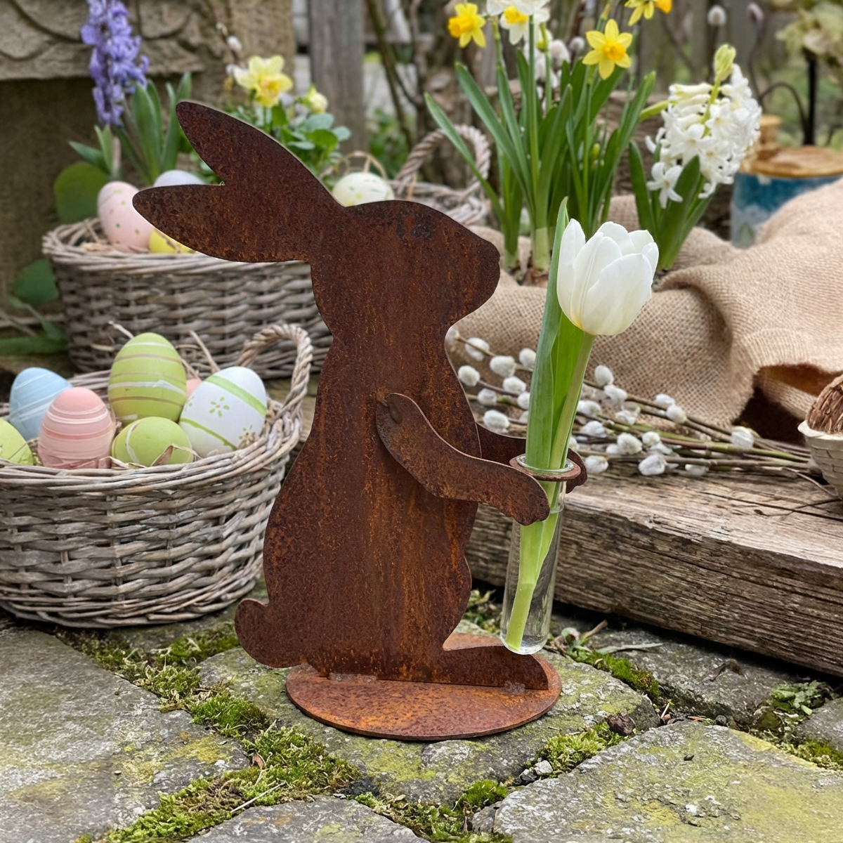 Edelrost Hase mit Vase – Metall Deko für Garten