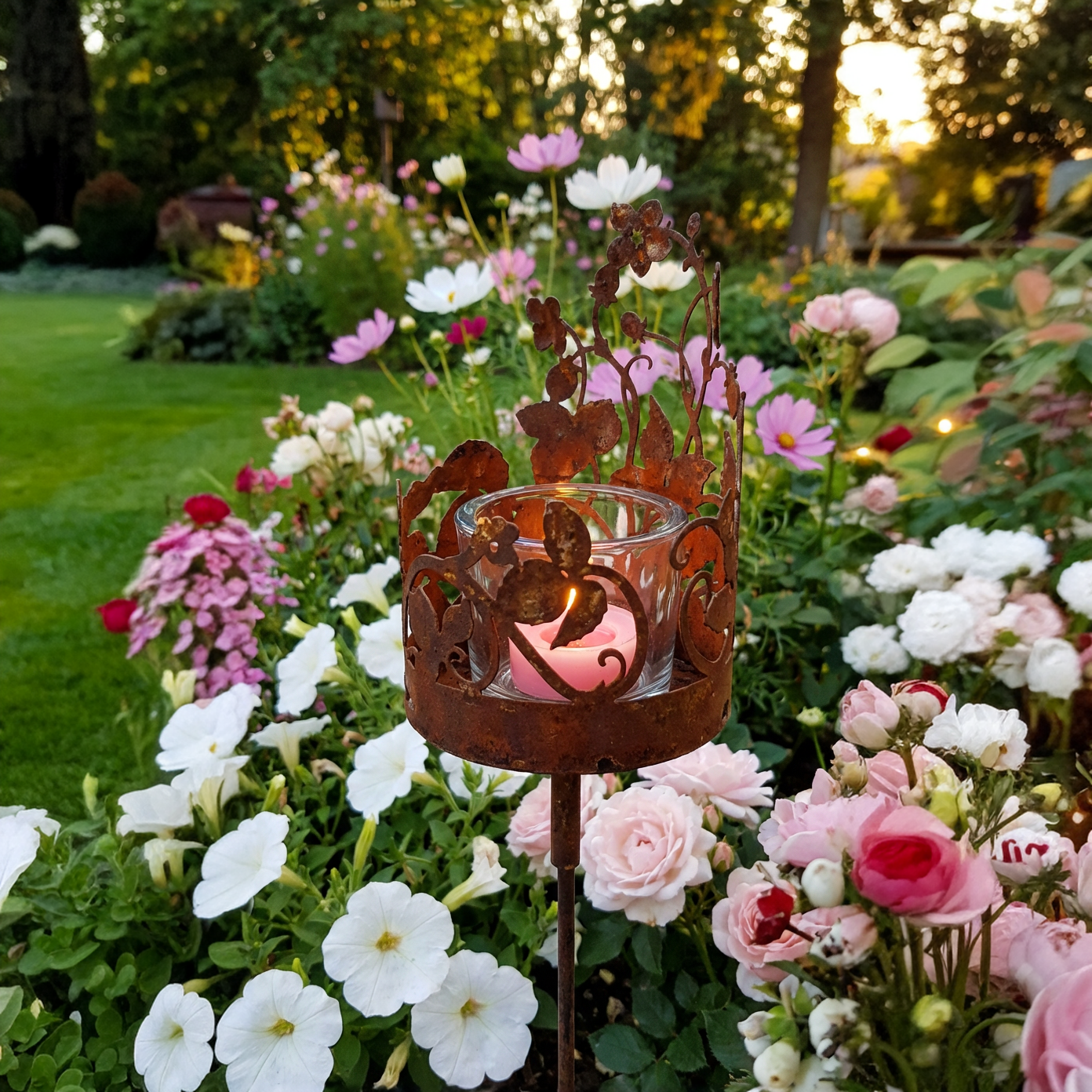Gartenstecker Edelrost ca. 120 cm – mit Glaswindlicht Glaseinsatz