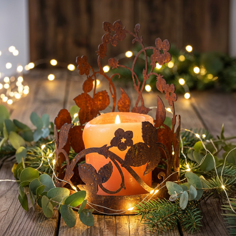 Edelrost Windlichthalter 21 cm – Erdbeer Ranke