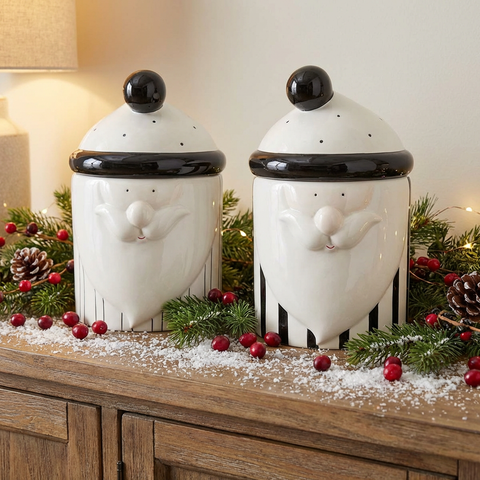 Weihnachtsdose aus Keramik ca. 9,5 x 9,5 x 14 cm – Gestreift in Schwarz-Weiß – mit Zipfelmützen-Deckel – Variante wählbar