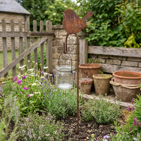 Edelrost Gartenstecker 120 cm mit Vogel & Glaswindlicht