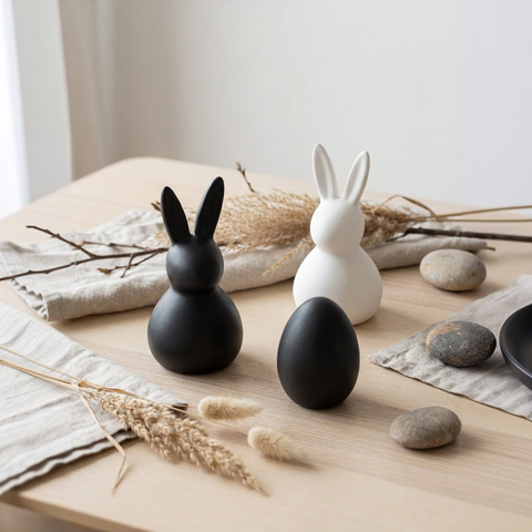 Deko Osterhase & Osterei Set mit 2 Osterhasen schwarz und weiß und einem schwarzen Ei aus Keramik