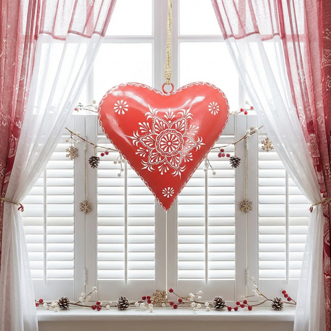 Anhänger Herz Rot mit weißen Ornamenten aus Metall 12 cm