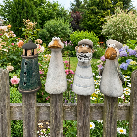 Maritime Zaunhocker aus Keramik – Leuchtturm, Ente, Seemann oder Möwe
