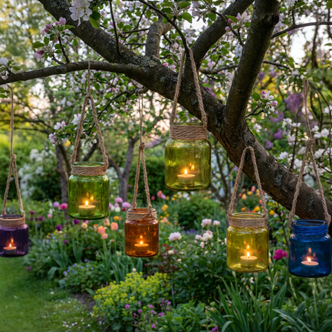 Windlicht 3er Set mit Juteschnur – Grün, Orange & Gelb