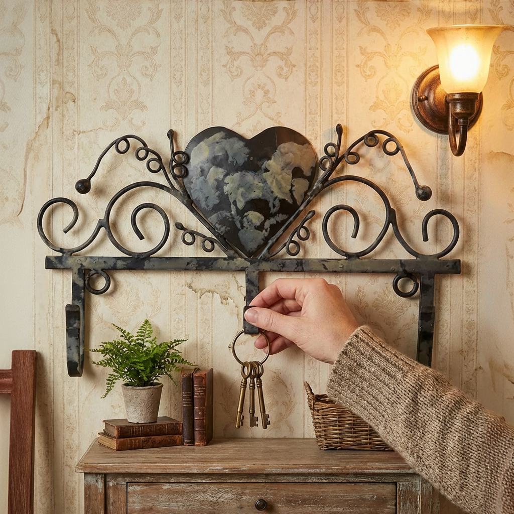 Wandleiste mit Herz antik – 3 Haken im Landhausstil ca. 18 cm breit