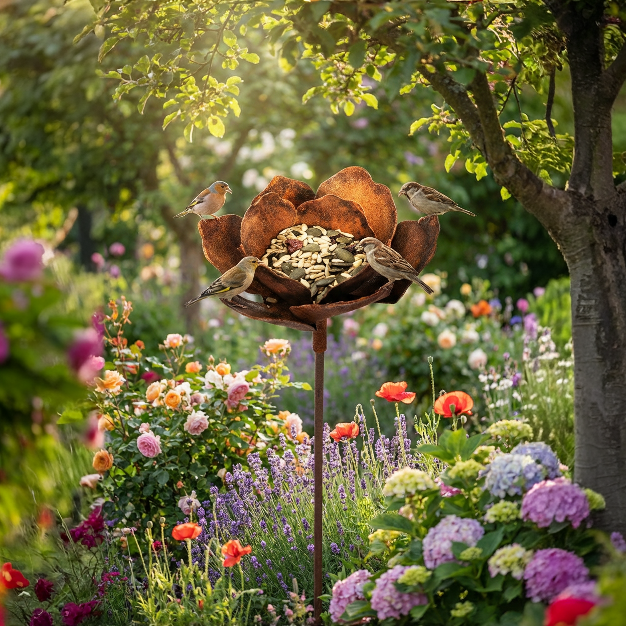 Edelrost Metall Gartenstecker Blume Ø 18 cm – Futter- & Dekoschale