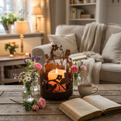 Edelrost Windlichthalter 21 cm – Erdbeer Ranke