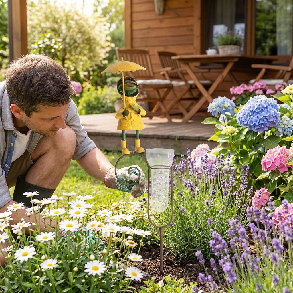 Regenmesser Frosch aus Metall Gartenstecker mit Glas Messzylinder