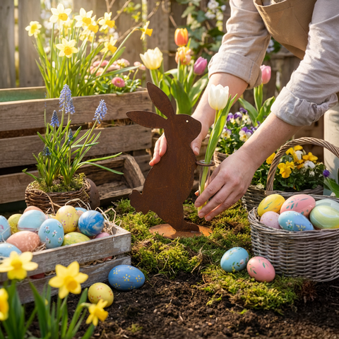Edelrost Hase mit Vase – Metall Deko für Garten