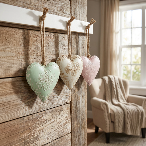Anhänger Herz aus Metall 3er Set  8 cm Mint, Rosé und Beige