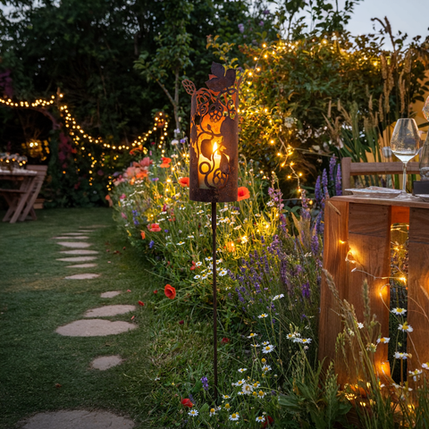 Edelrost Gartenstecker „Hopfen“ Höhe 132 cm inkl. Glaswindlicht