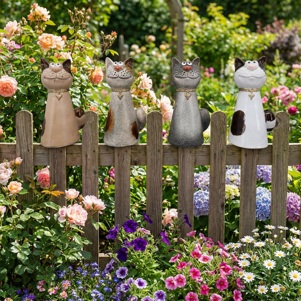 Zaunhocker Katze aus Steinzeug – 4 Farben – Gartendeko
