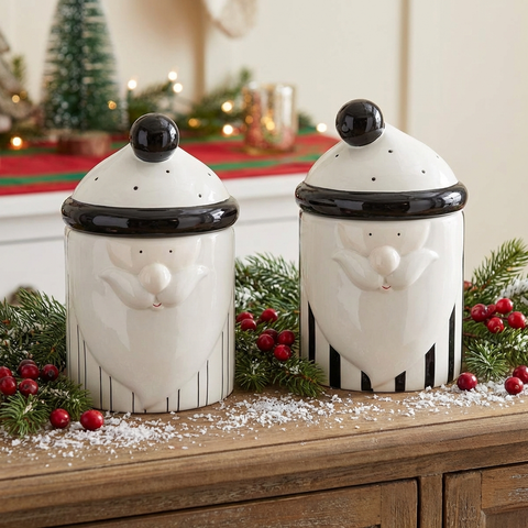 Weihnachtsdose aus Keramik ca. 9,5 x 9,5 x 14 cm – Gestreift in Schwarz-Weiß – mit Zipfelmützen-Deckel – Variante wählbar