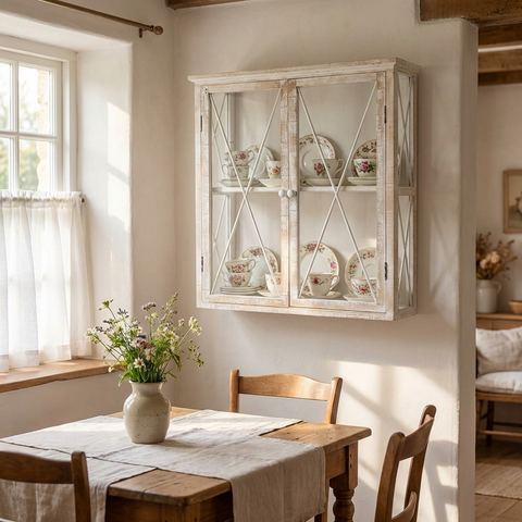 Wandschrank Landhausstil aus Holz – Cremefarben mit Glastüren – ca. 58x17,5x66 cm