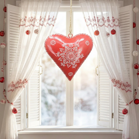 Anhänger Herz Rot mit weißen Ornamenten aus Metall 12 cm