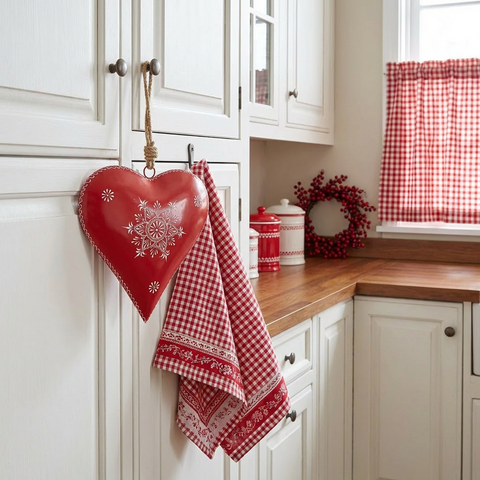 Anhänger Herz Rot aus Metall mit weißen Ornamenten 25 cm