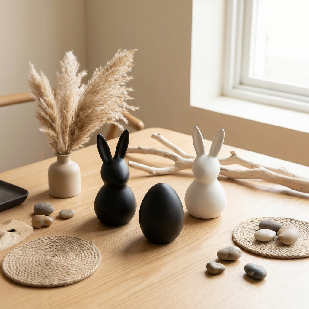 Deko Osterhase & Osterei Set mit 2 Osterhasen schwarz und weiß und einem schwarzen Ei aus Keramik