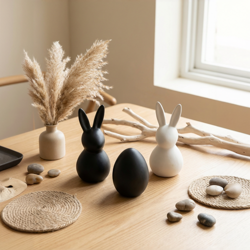 Deko Osterhase & Osterei Set mit 2 Osterhasen schwarz und weiß und einem schwarzen Ei aus Keramik