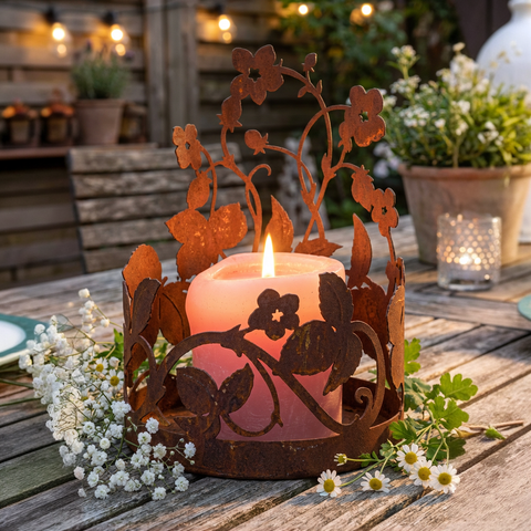 Edelrost Windlichthalter 21 cm – Erdbeer Ranke