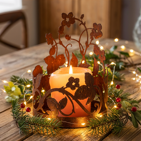 Edelrost Windlichthalter 21 cm – Erdbeer Ranke