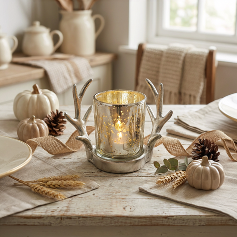 Teelichthalter Deko Geweih Silber mit Glas – Dekorativer Kerzenhalter ca. 13 × 7 × 7,5 cm