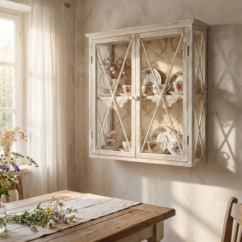 Wandschrank Landhausstil aus Holz – Cremefarben mit Glastüren – ca. 58x17,5x66 cm
