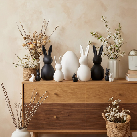 Deko Osterhasenset Keramik Schwarz & Weiß mit weißem Ei – Modernes Deko-Set in Wischtechnik | ca. 20 cm