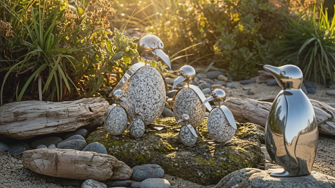 Pinguin Gartendeko aus Granit & Edelstahl ca. 15 cm handgefertigt mit Wackelkopf