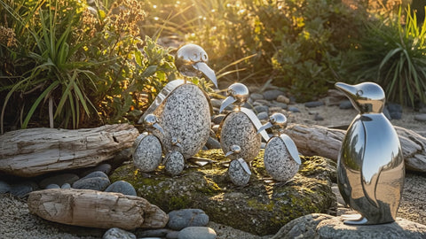 Pinguin Gartendeko aus Granit & Edelstahl ca. 15 cm handgefertigt mit Wackelkopf