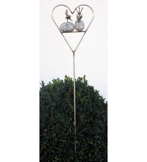 Gartenstecker Steinvogel Pärchen im Herz am Stab ca. 93cm aus Granit und Edelstahl