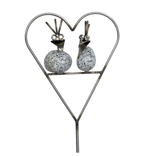 Gartenstecker Steinvogel Pärchen im Herz am Stab ca. 93cm aus Granit und Edelstahl