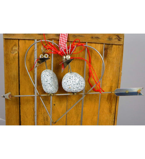 Steinvogel Pärchen SV Herz ca. 24cm zum Hängen aus Granit und Edelstahl Original Gebrüder Lomprich