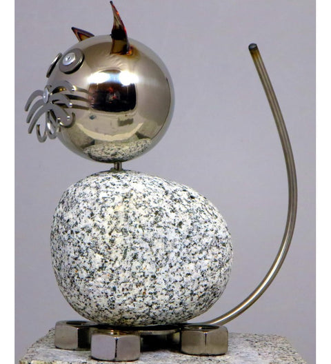 Wackelkopfkatze groß ca. 20 cm hoch aus Granit und Edelstahl