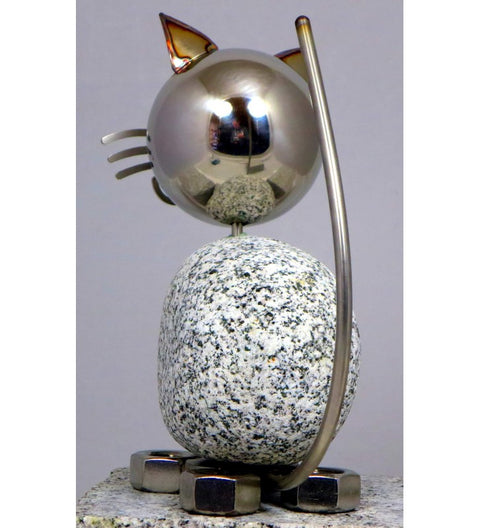 Wackelkopfkatze groß ca. 20 cm hoch aus Granit und Edelstahl