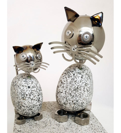 Wackelkopfkatzen 2-er Set Katze groß und klein ca. 20 & 14cm hoch aus Granit und Edelstahl
