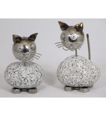 Wackelkopfkatzen  2er Set je ca. 14-17 cm hoch aus Granit und Edelstahl