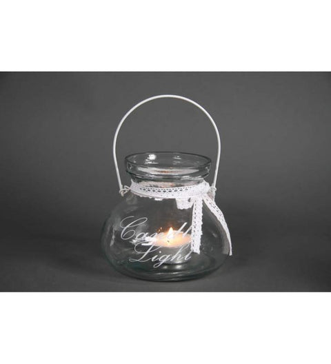 Windlicht aus Glas Candle Light mit weißer Spitze ca. 16cm hoch
