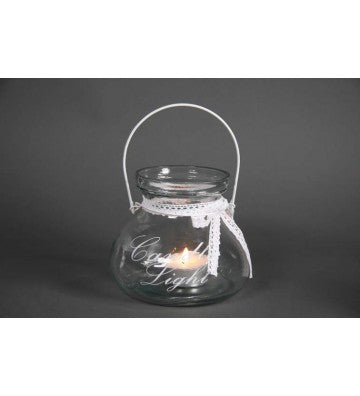 Windlicht „Candle Light“ 16 cm – Glas mit weißem Spitzenband