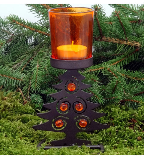 Teelicht orange mit Tannenbaum ca, 17,5cm hoch