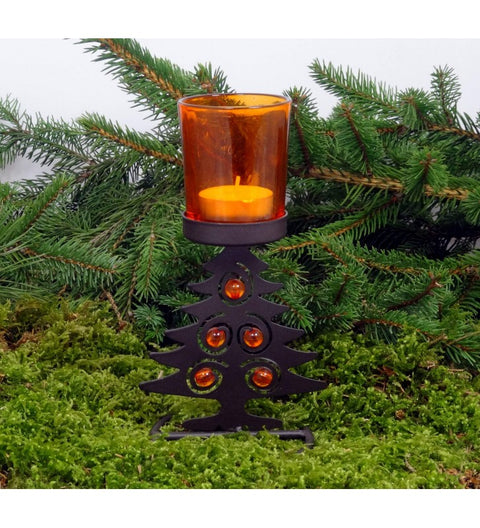 Teelicht orange mit Tannenbaum ca, 17,5cm hoch