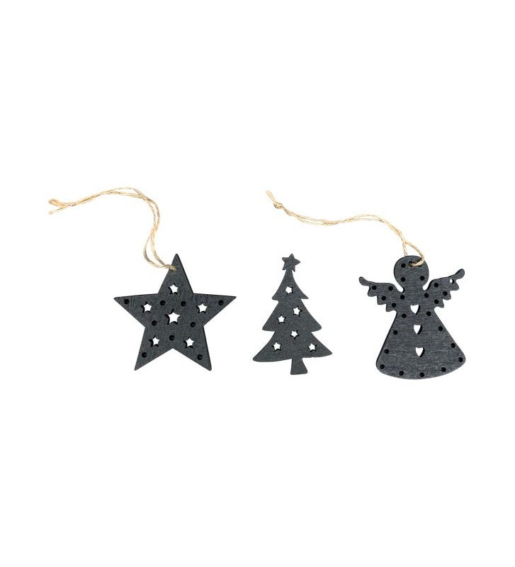 XMAS Weihnachtsanhänger/Christbaumschmuck 3-er SET Anhänger  schwarz, Holz, ca. 7x0,5x7 cm, ,6x0,5x7 cm