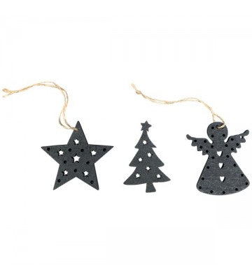 XMAS Weihnachtsanhänger/Christbaumschmuck 3-er SET Anhänger  schwarz, Holz, ca. 7x0,5x7 cm, ,6x0,5x7 cm