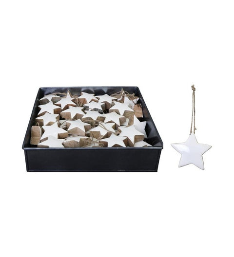 XMAS 6-er SET Sternanhänger, Enamel weiß, Holz ca. 5x5x2cm