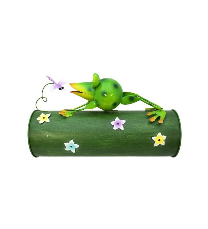 Zeitungsrolle Frosch grün mit Blümchen und Schmetterling aus Metall ca. 36 cm lang
